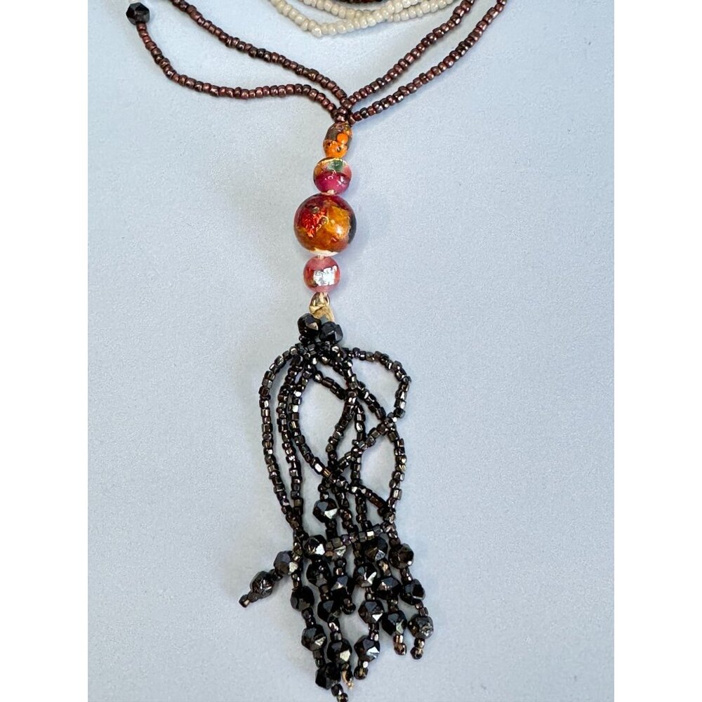 Vintage Beaded Tassel Necklace Multicolor Glass Beads MOP Boho Chic Style - Picture 3 of 6